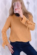 Modny sweter beżowy MUSZTARDA z wiązaniami P655